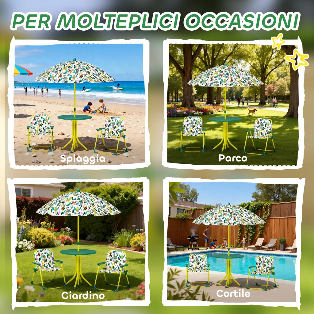 Tavolo da Picnic per Bambini Set Tavolo e Sedie con Ombrellone Verde
