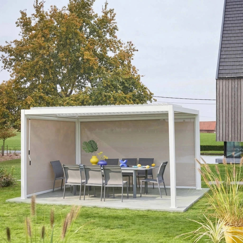 Pergola bioclimatica 3x4m in alluminio e acciaio + 1 tenda 3m + 1