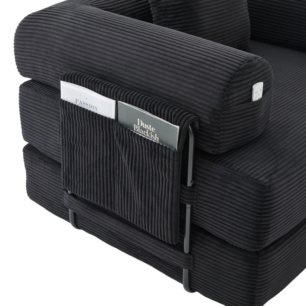 Divano modulare con tasca laterale e cuscino, seduta ergonomica in velluto a coste Nero