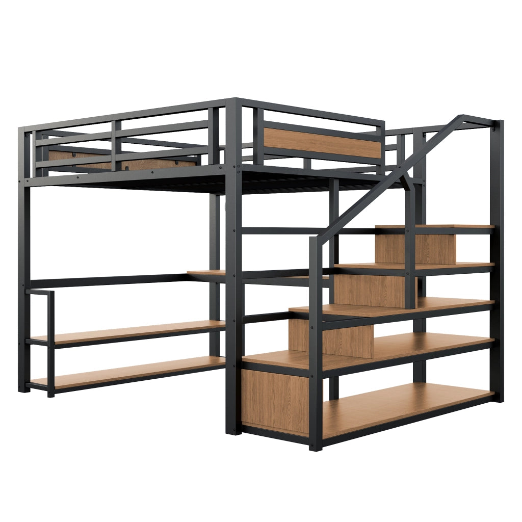 Letto a soppalco in metallo 140x200 cm nero con scale contenitore, ripiani e scrivania