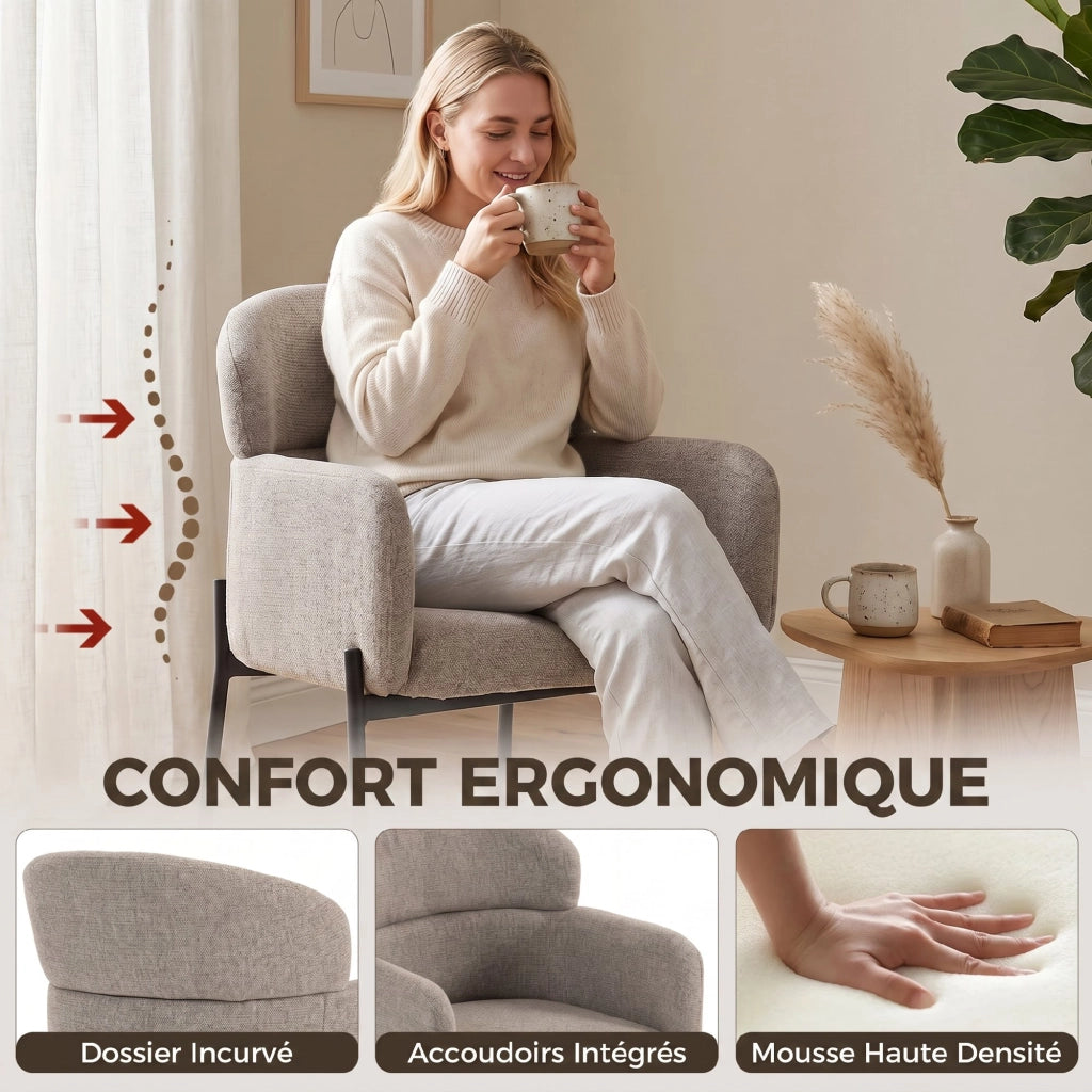 Poltrona Rembourr¨¦ con Schienale Curvo e Braccioli ¨C Minimal ¨C Marrone Chiaro