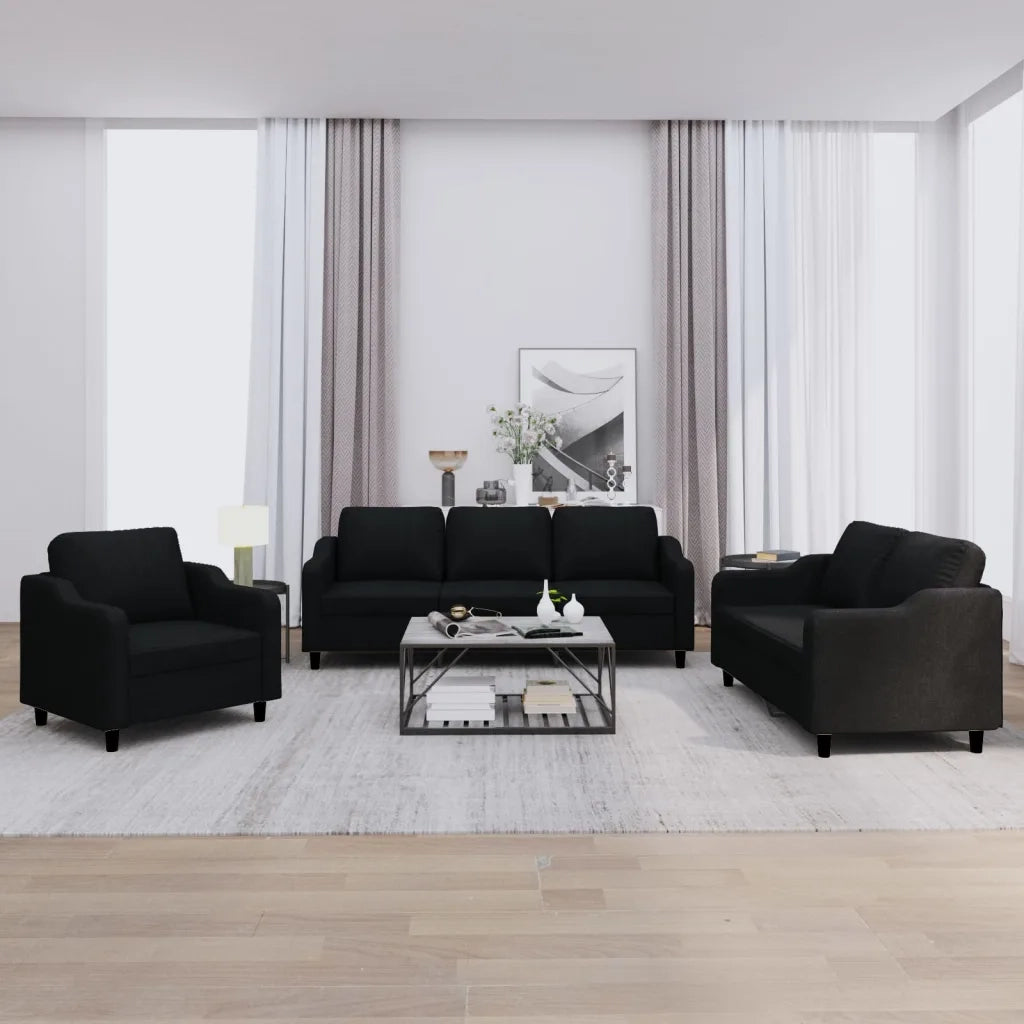Set di Divani 3 pz con Cuscini Nero in Tessuto
