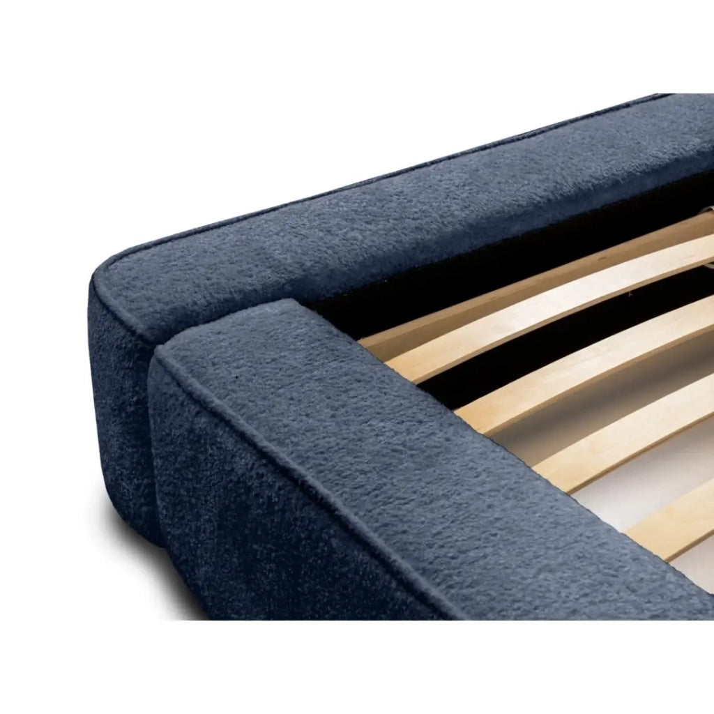 Letto con contenitore VELORA – Blu acciaio bouclé – 140x200 cm – Tessuto velluto morbido – Rete sollevabile – Spazio di stoccaggio integrato