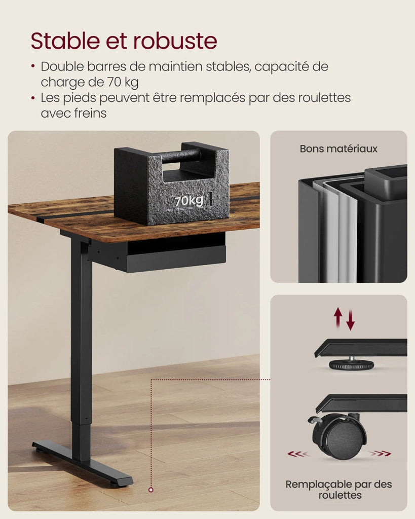 Scrivania regolabile elettricamente in altezza scrivania sit-stand superficie 60 x 120 cm regolabile in continuo 4 funzioni di memoria dell'altezza marrone rustico e nero 12_0004590