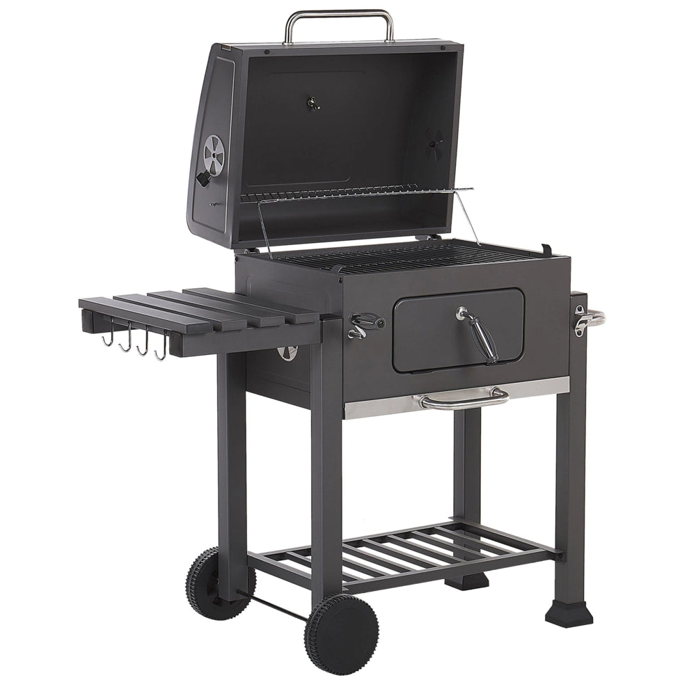 Barbecue a carbonella con ruote da giardino coperchio 2 griglie 2 ripiani termometro