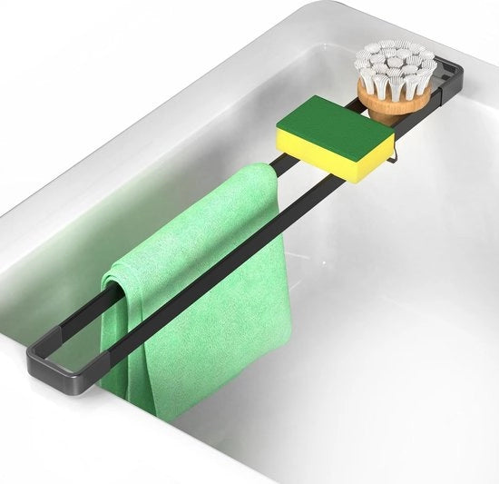 Organizzatore per l'asciugatrice, vasca da bagno multifunzionale, supporto per la vasca da bagno, 43cm, contenitore per asciugamani, supporto per asciugamani, organizzatore per la vasca da bagno compatta, resistente al calore, nero