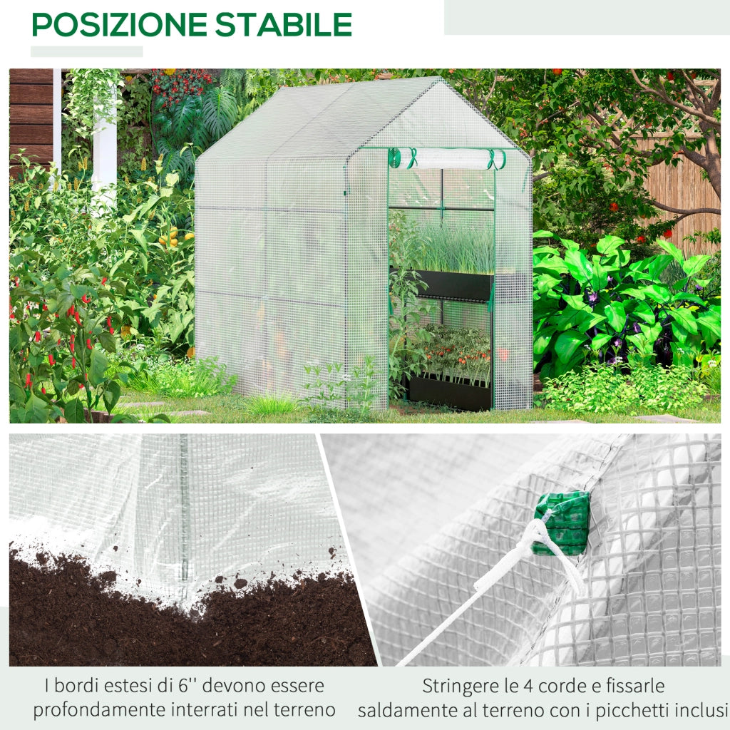 Serra da Giardino a Casetta con Rivestimento in PE ¨C Xylo ¨C 4 Ripiani, Porta a Cerniera, 186x120x190cm, Bianco