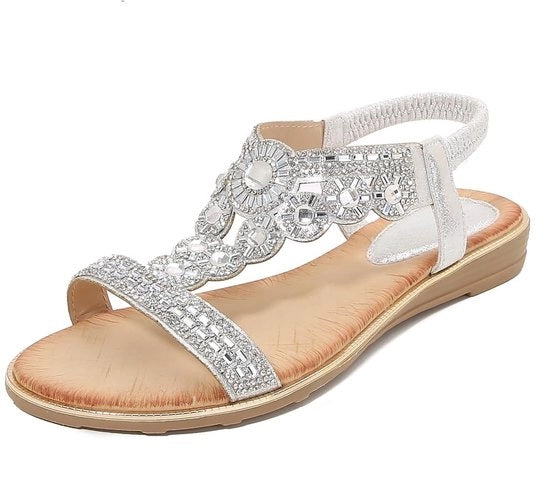 Sandali da Donna con Cinturino Elastico - Modelli a Stivali Gladiator con Strass - Sandali da Estate in Pelle Nera - Stile Casual - Cinturino Elastico con Decorazioni in Perle Brillanti