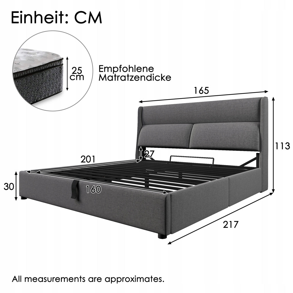 Letto imbottito 160x200 - Xylo - Testiera regolabile, idraulico