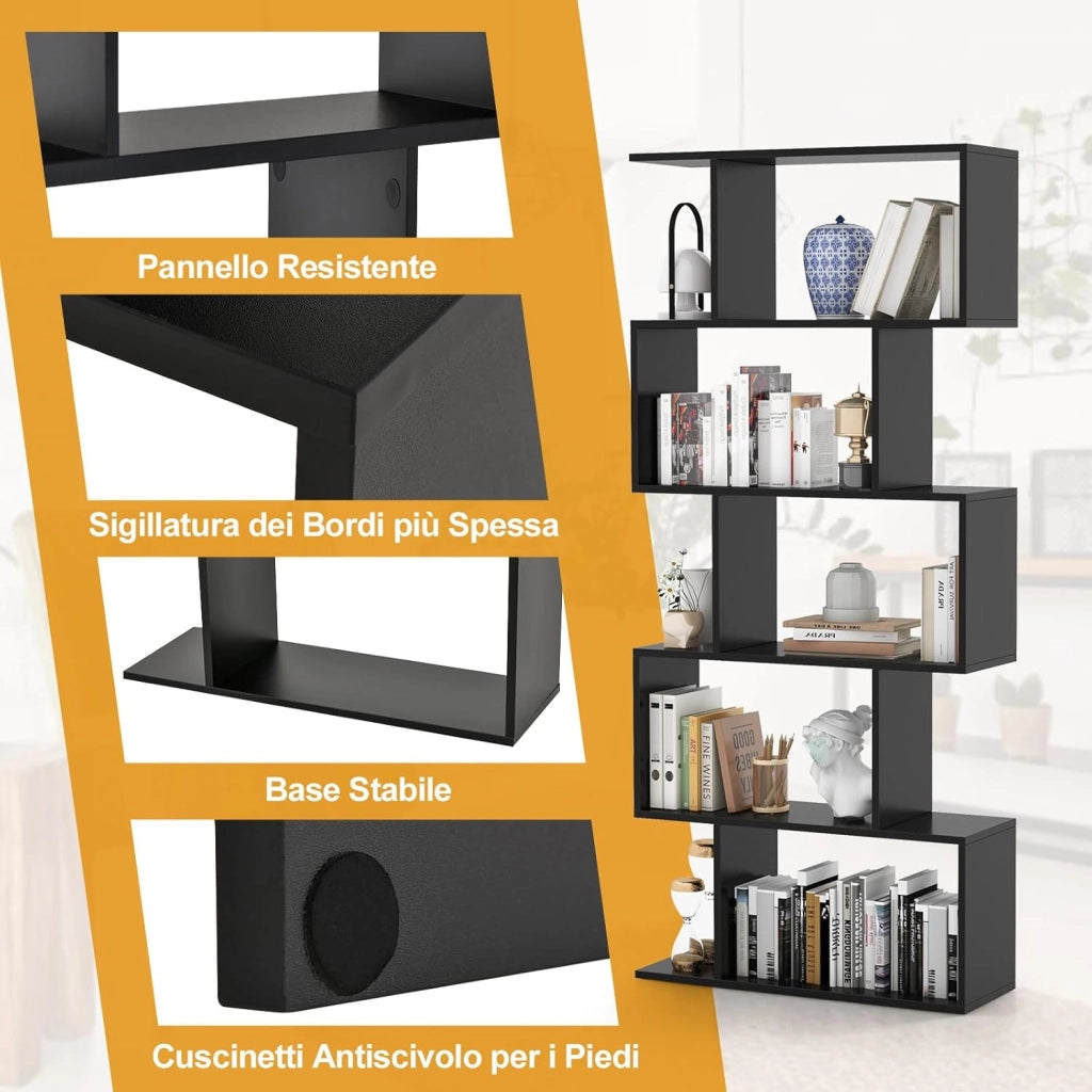 Scaffale a 5 Ripiani in Legno, Libreria Geometrica a Forma di S con Dispositivo Antiribaltamento, per Soggiorno Ufficio Camera da Letto, 70 x 23,5 x 158 cm (nero)
