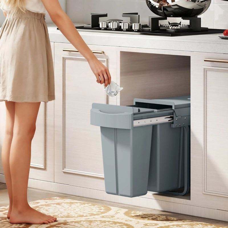 Pattumiera estensibile, contenitore per rifiuti da cucina con 2 secchi rimovibili, maniglia, 30 litri (20 L + 10 L), metallo, grigio
