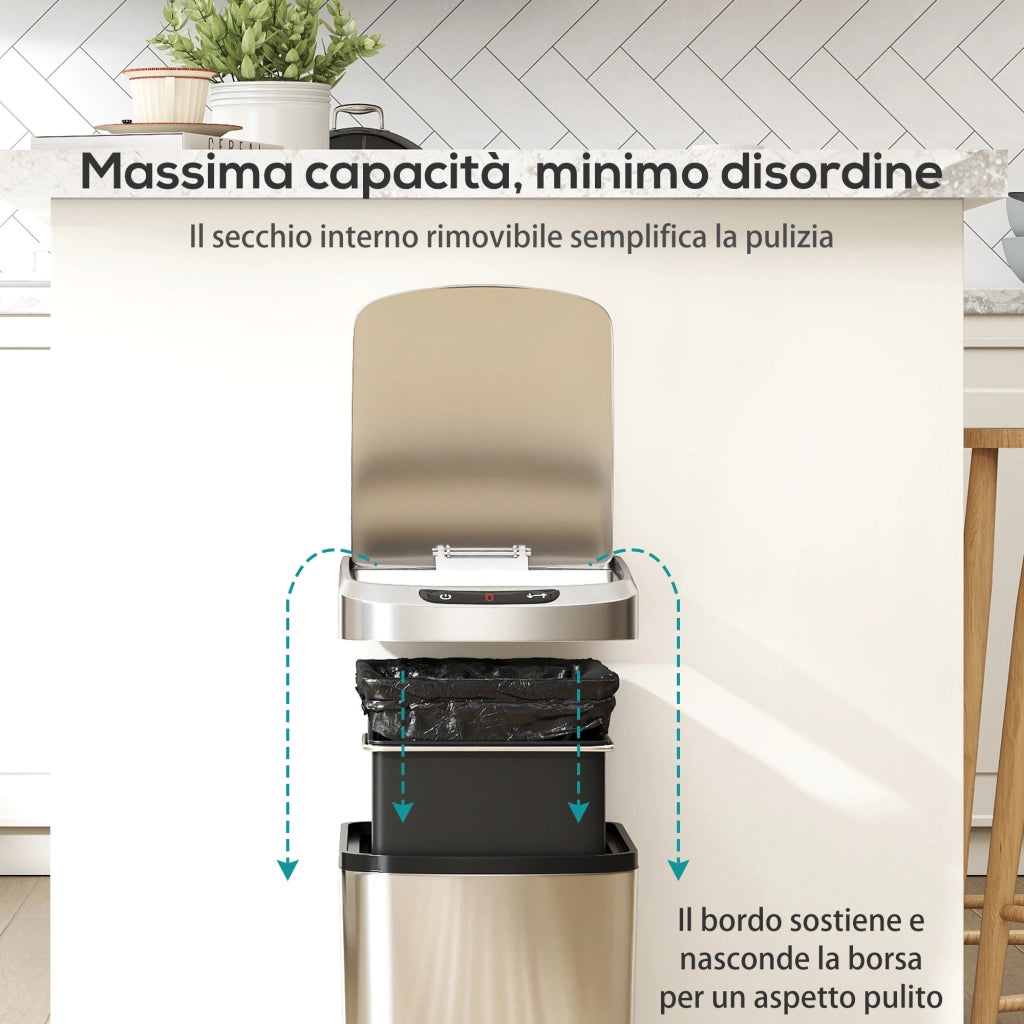 Pattumiera Cestino per Rifiuti 28x22x41 cm Contenitore Rimuovibile da 12L Apertura a Infrarossi in Acciaio Inox ABS e PP