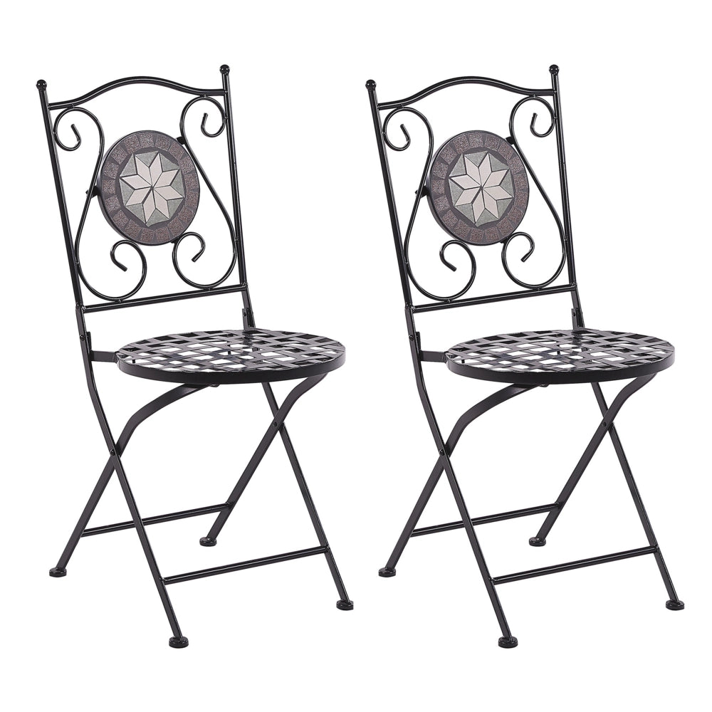 Set di 2 sedie da giardino in metallo Nero pieghevoli con schienale intagliato a mosaico modello stile vintage