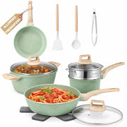 Batteria Pentole 15 Pezzi Verde in Alluminio Pressofuso con Accessori e Coperchi
