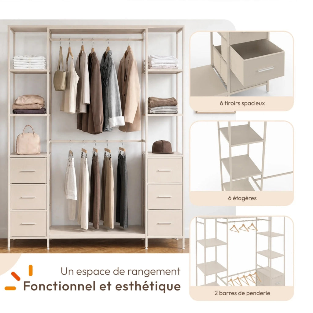 IDMarket - Armadio doppio UTAH + colonna doppia L. 140 cm con 6 ripiani e 6 cestini in tessuto beige