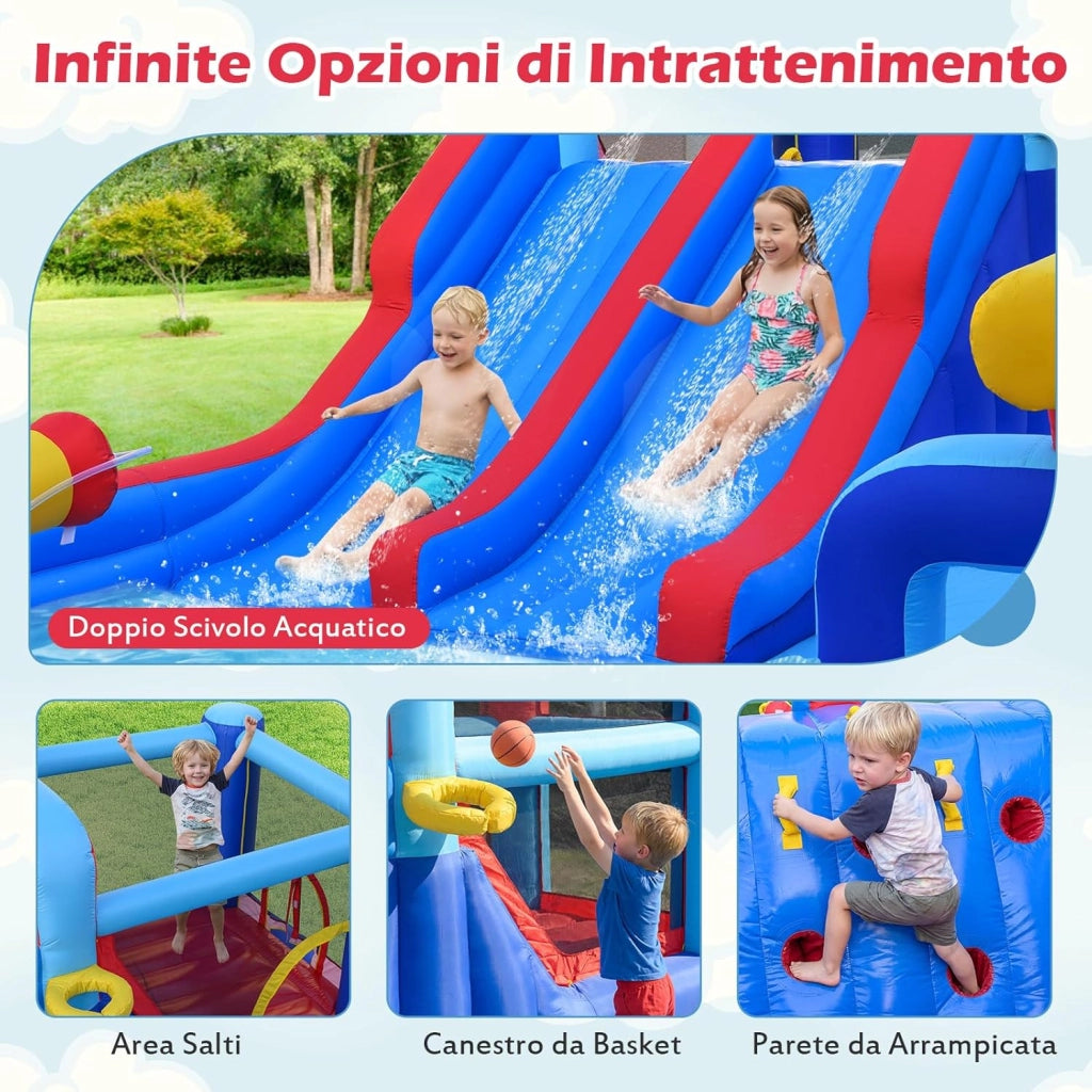 Parco Gonfiabile Scivolo d'Acqua, Grande Castello Gonfiabile con Doppio Scivolo, Piscina d'Acqua, Area Salto, Parete Arrampicata, Canestro da Basket e 3 Cannoni d'Acqua, 646 x 418 x 211 cm