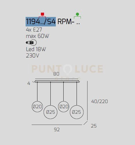 SOSP. CROMO 4 LUCI RETTANGOLARE VETRI (1 PICCOLO AM+1 PICCOLO FU+1 MEDIO AM+1 MEDIO BR) 1194CR-S4 RPM-MC
