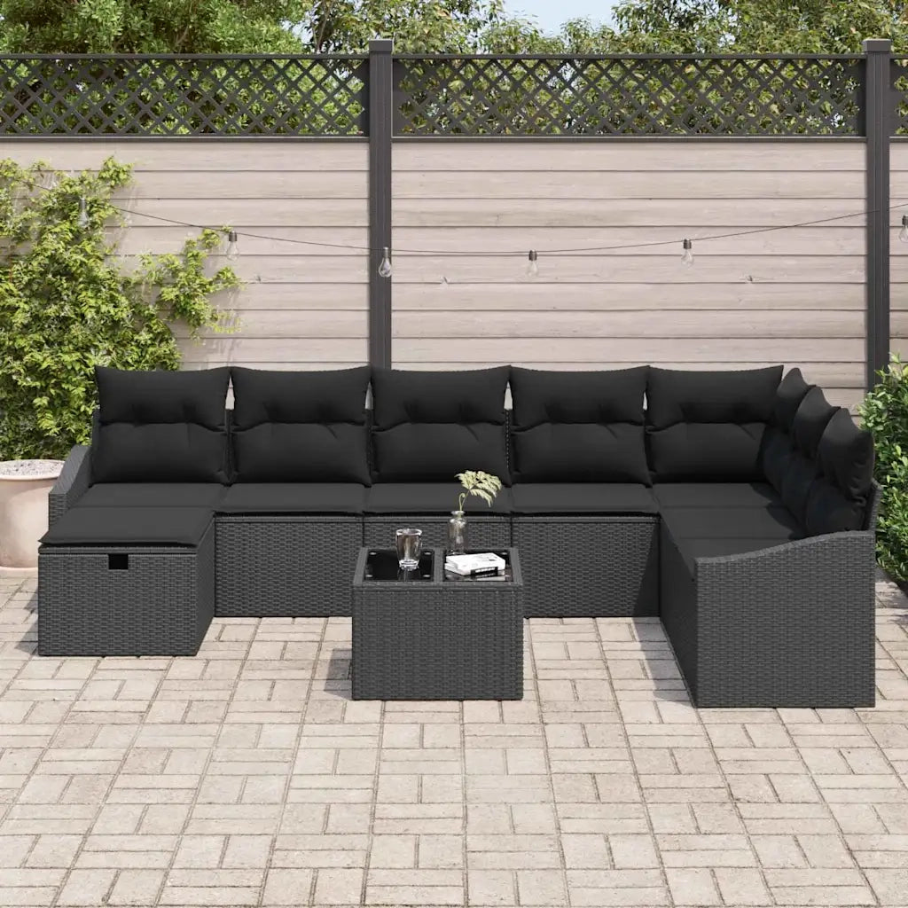 Set Divano da Giardino con cuscino 9 pcs Nero Poly Rattan 3359342