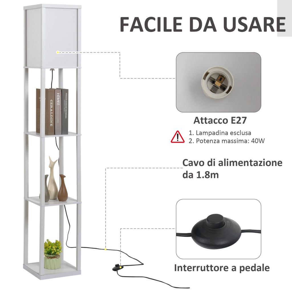 Lampada da Terra con Mensole ¨C Minimal ¨C Bianco MDF 26x26x160cm