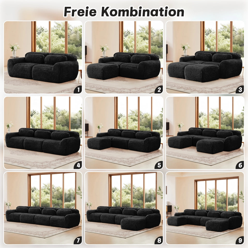 Divano Modulare a U 2-4 Posti senza Montaggio con Pouf e Cuscini; Base Antiscivolo in Peluche Nero