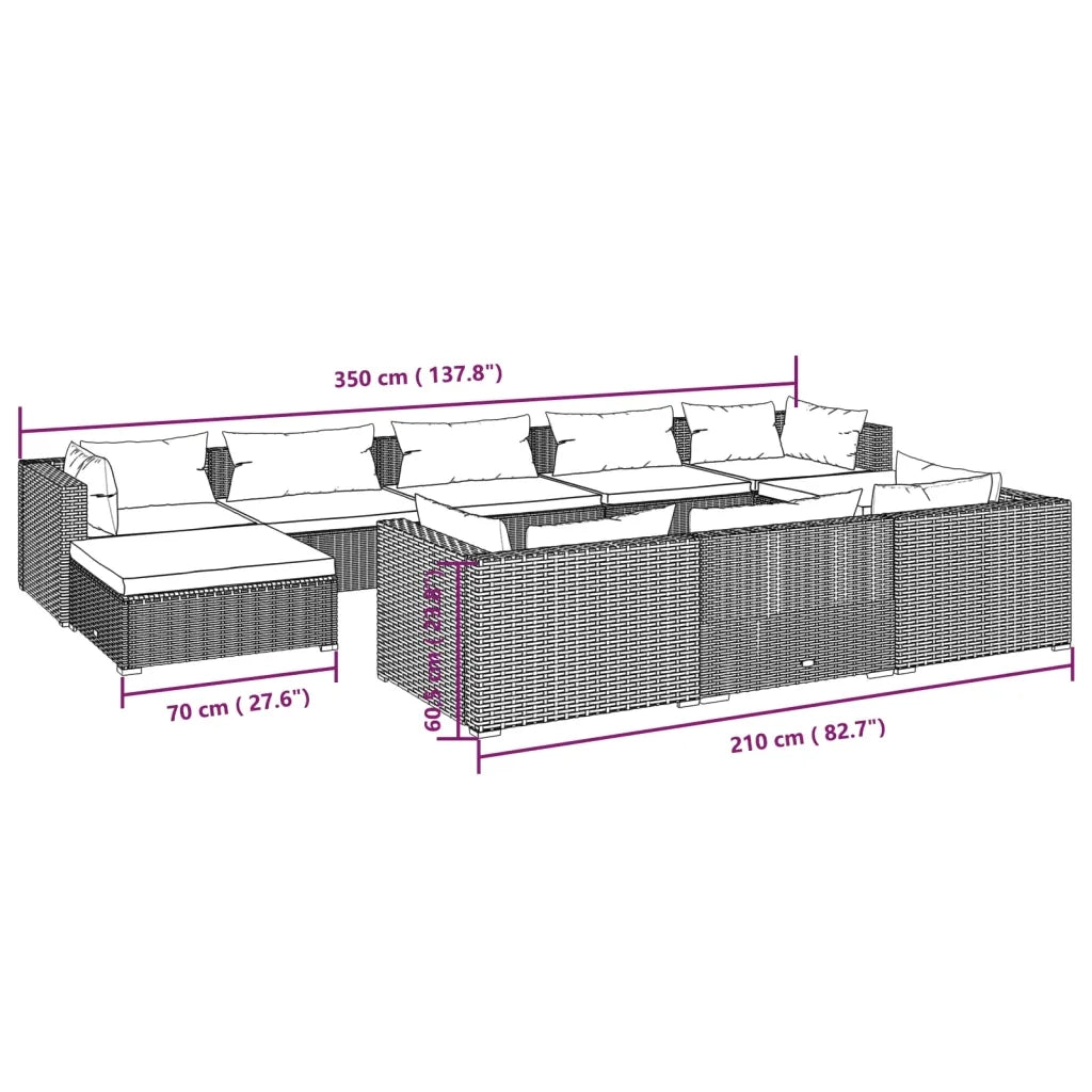 Set Divani da Giardino 10 pz con Cuscini in Polyrattan Grigio 3102045