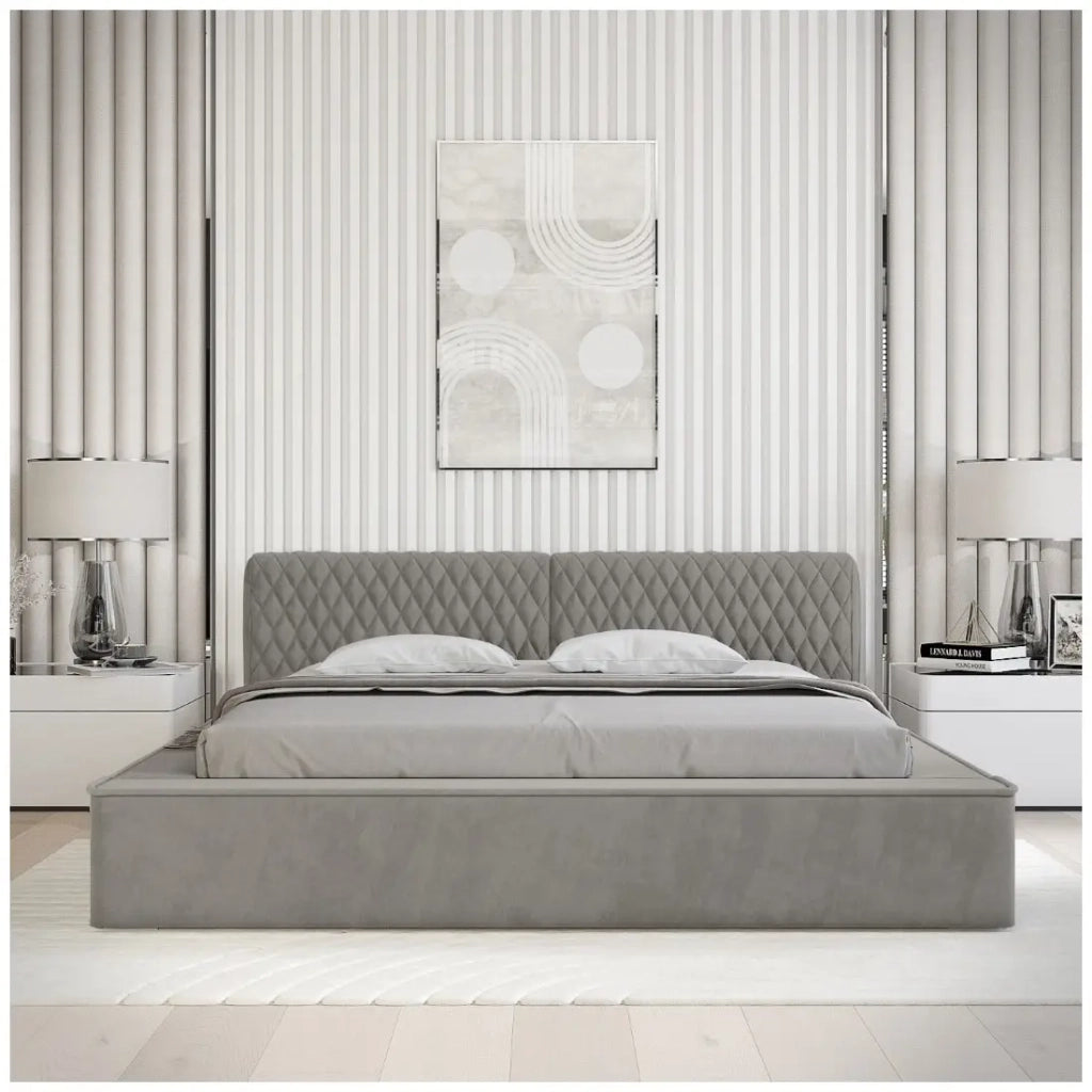 Letto contenitore VERNON – Tessuto ciniglia bouclé cenere taupe – 180x200 cm – Rete sollevabile – Design di alta gamma