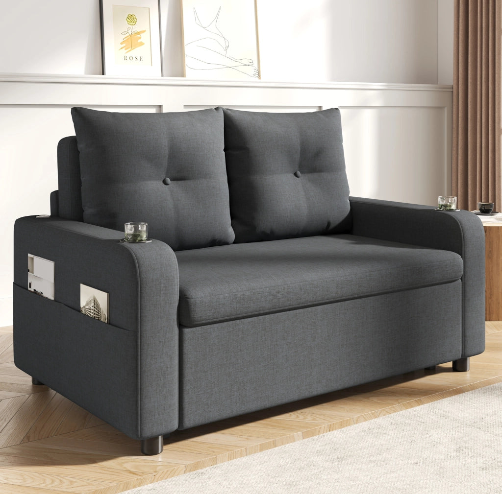 Divano letto 2 posti multifunzione 131 cm con porta bicchieri; USB e Type-C; grigio
