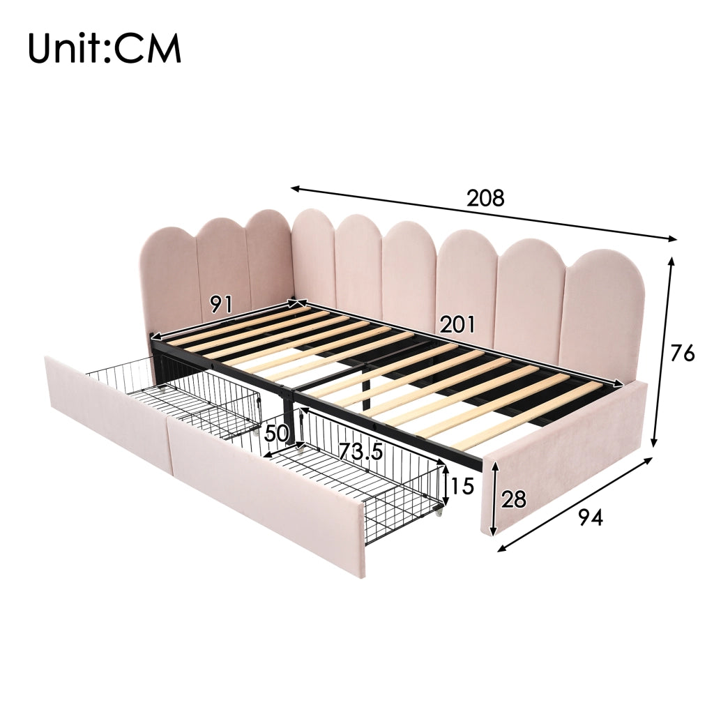 LETTO imbottito 90x200 cm in velluto rosa con 2 cassetti