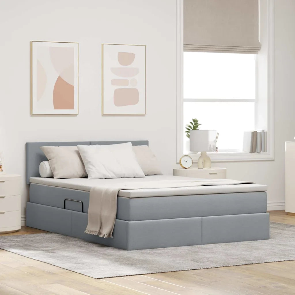 Letto con contenitore e LED Grigio chiaro 140 x 190 cm Tessuto