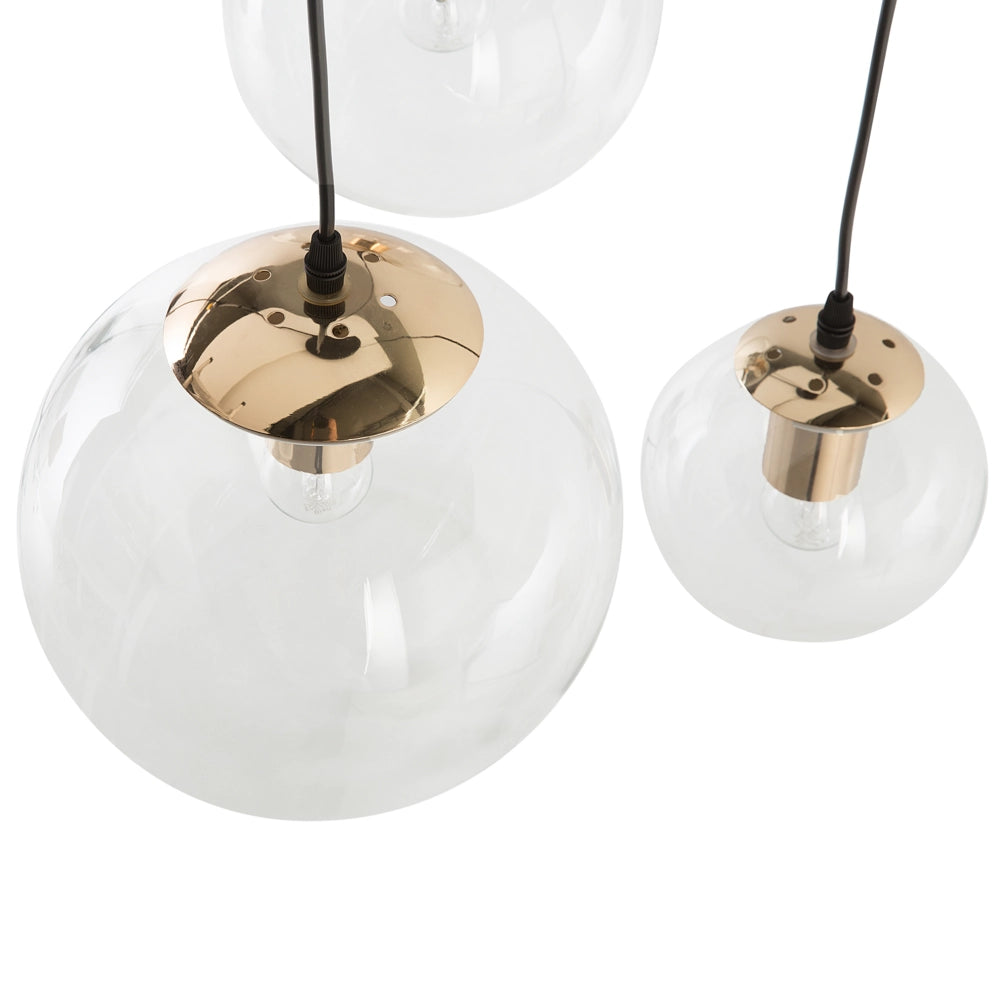 Lampada a Sospensione 3 Luci Vetro Trasparente Elemento in Metallo Dorato