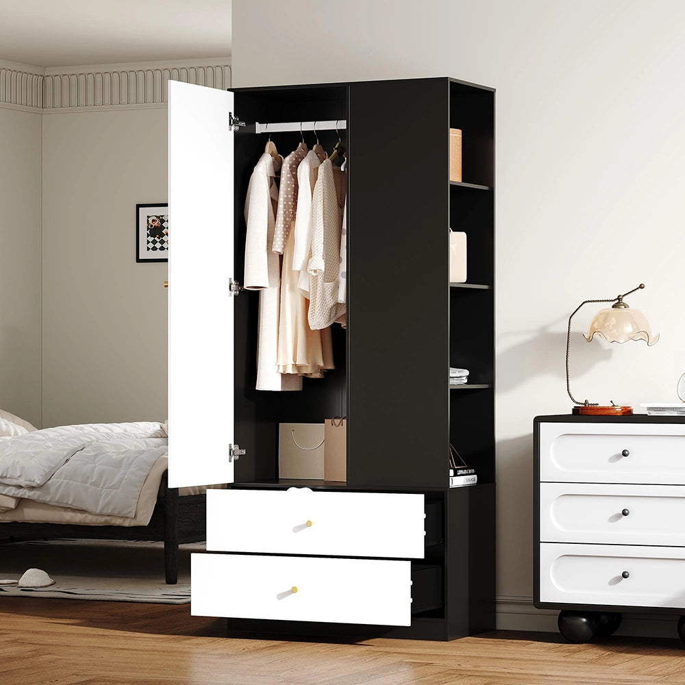 Armadio con specchio e porta - Xylo - 80x40x180 cm - Bianco e nero - 2 cassetti e 4 ripiani