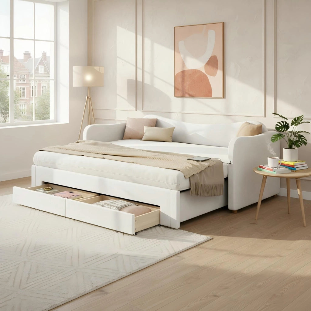 Letto Imbottito Contenitore con 2 Cassetti e USB ¨C MINIMAL ¨C Velluto Beige 90x200 cm