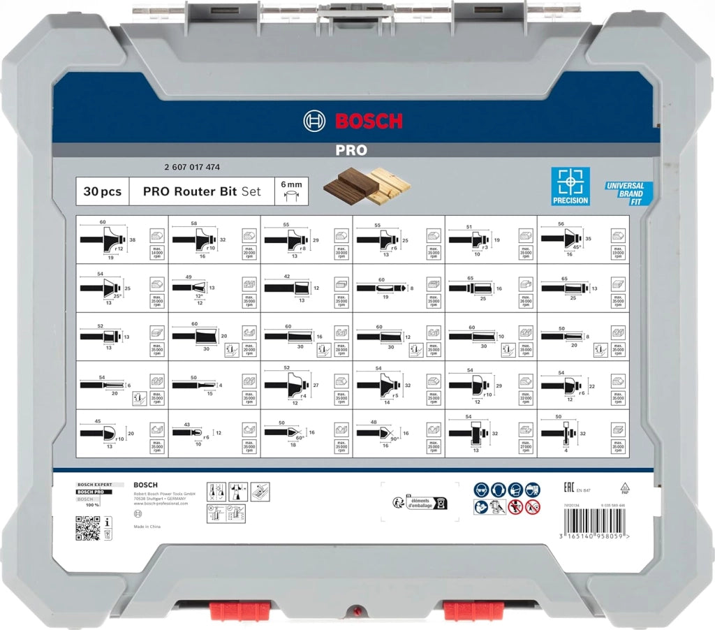 Bosch 30x Set misto frese PRO, 30 pz (per Legno tenero, Legno duro, Ø 4-35 mm, Professional Accessorio Fresatrice portatile, Rifilatore)