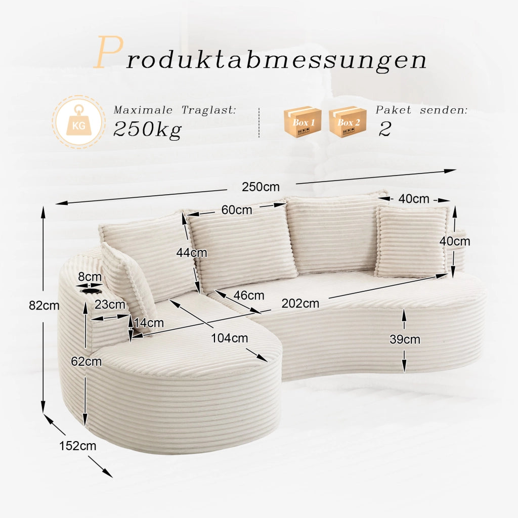 divano curvo con portabicchieri e tasca laterale; velluto beige; 250 Ã— 152 Ã— 82 cm