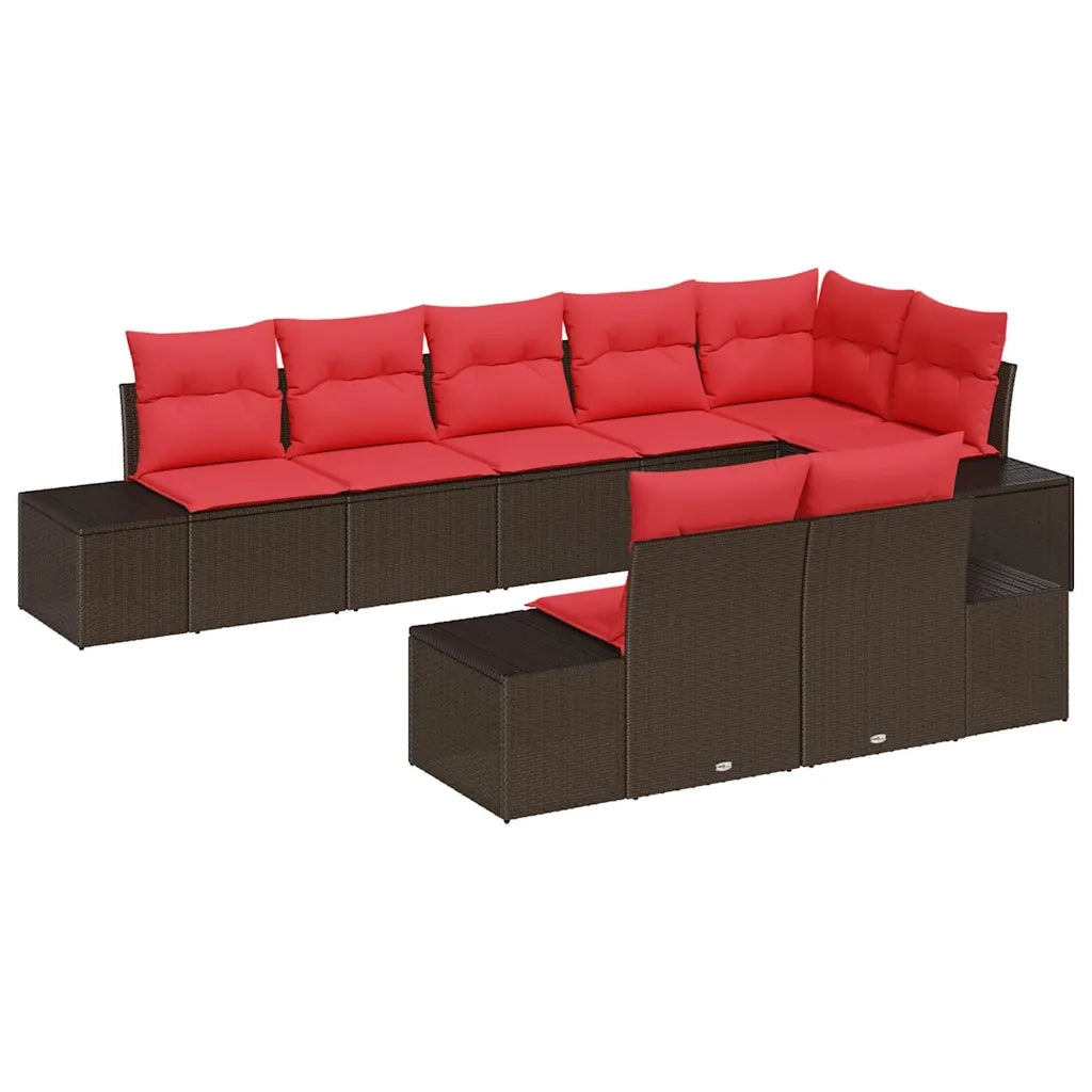 Set Divano da Giardino 8 pz Marrone e Rosso Poly Rattan 3355783