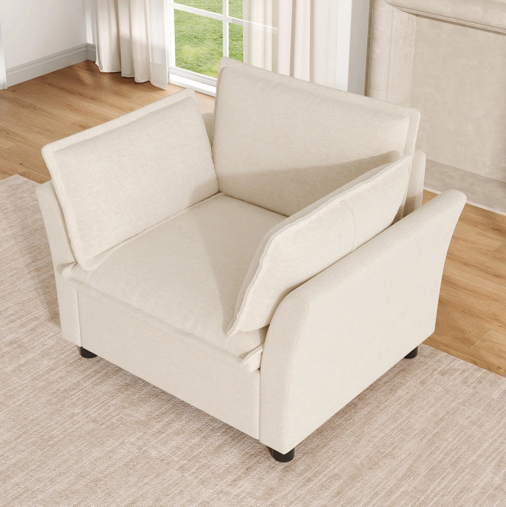 Poltrona singola 90x81x87 cm in chenille beige con braccioli curvi e 2 cuscini