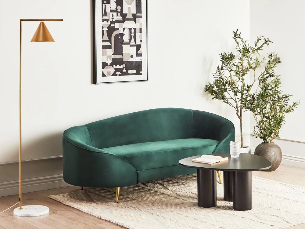 Divano velluto verde smeraldo curvo stile retrò a 2 posti gambe metallo dorato