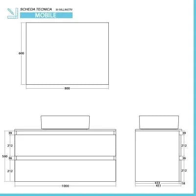 Mobile bagno sospeso 100 cm ossido e rovere con top lavabo e specchio Kleo