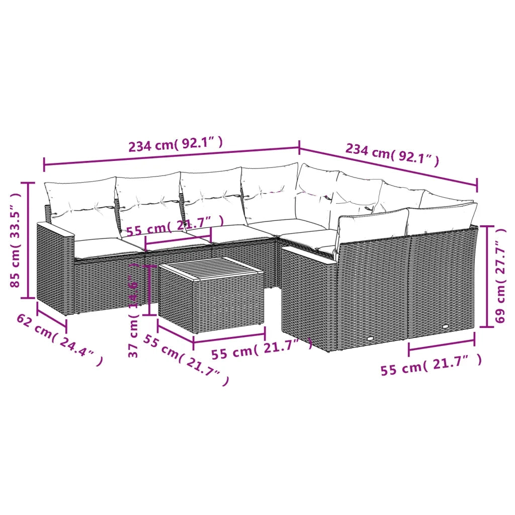 Set Divani da Giardino 9 pz con Cuscini Nero in Polyrattan