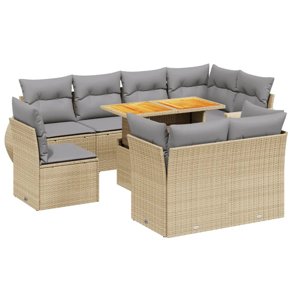 Set Divano da Giardino 9 pz con Cuscini Beige in Polyrattan