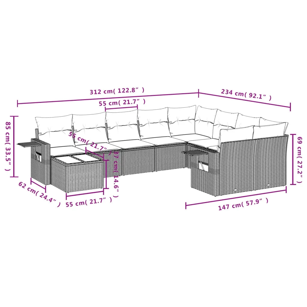 Set Divano Giardino 10 pz con Cuscini Grigio Chiaro Polyrattan 3252999