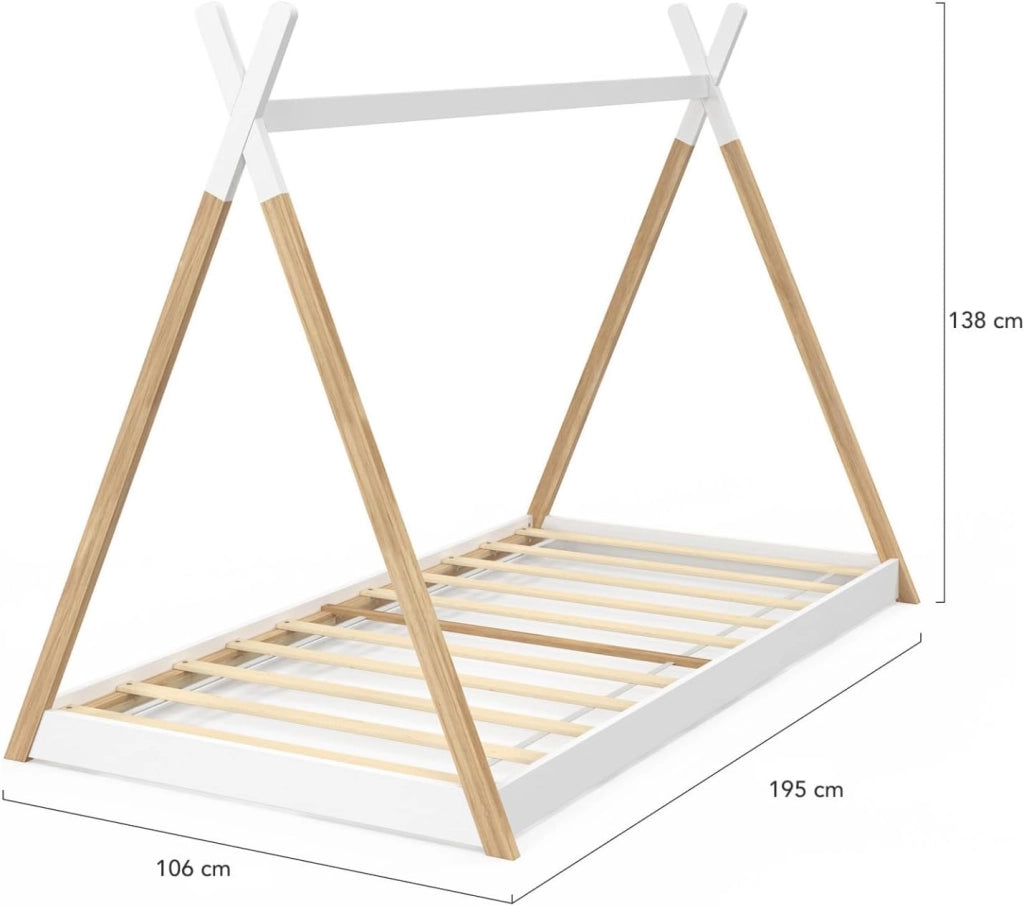 COME 90 x 190 CM letto teepee per bambini con base in legno e bianco