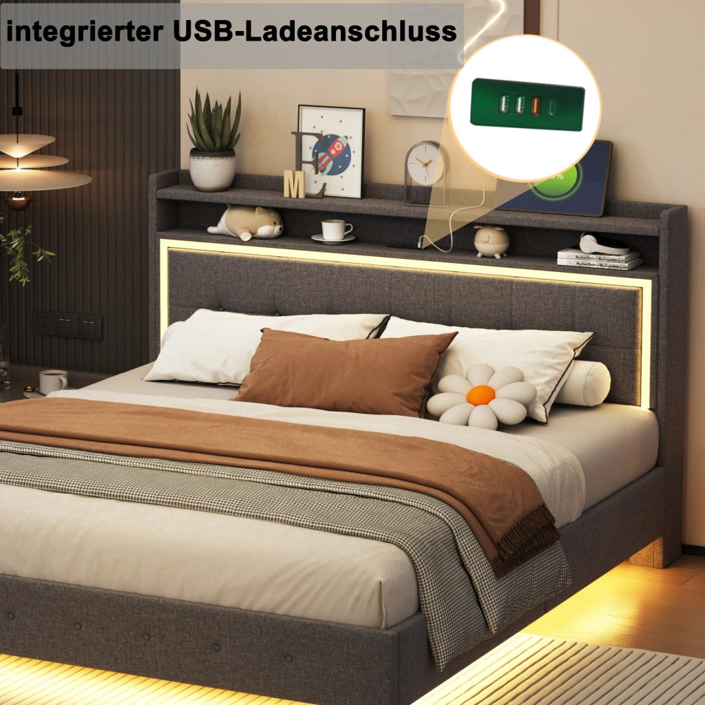 LETTO Imbottito 140x200 cm Grigio con USB e LED