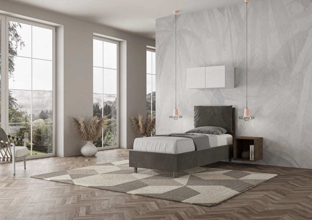 BS COM Letto singolo con rete imbottito 90x210 microfibra grigio