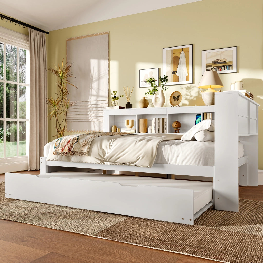 Divano letto estraibile - Zephmum- 140x200 cm- Bianco- Con presa e 2 porte USB