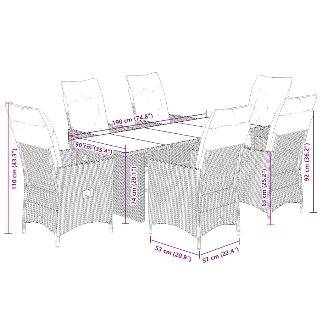 Set da Pranzo da Giardino 7 pz con Cuscini in Polyrattan Grigio