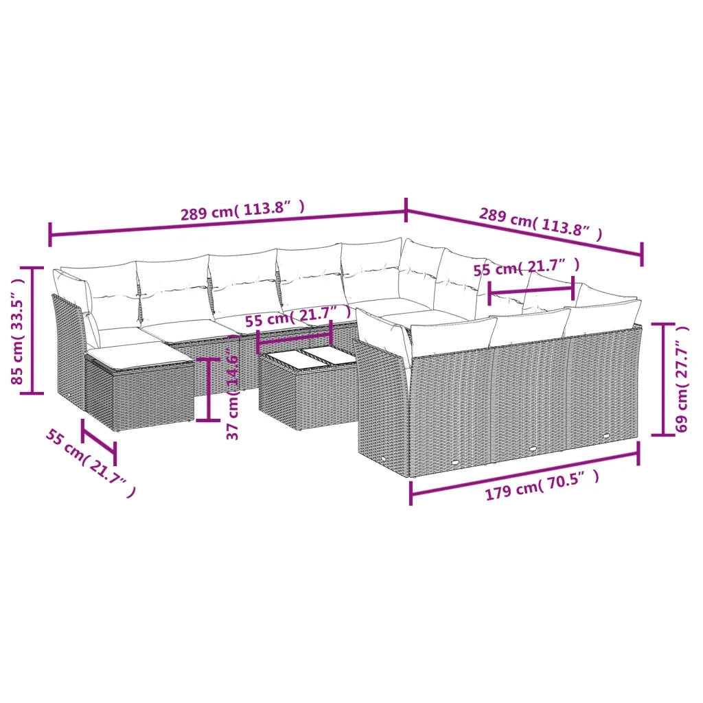 Set Divani da Giardino 13pz con Cuscini Nero in Polyrattan