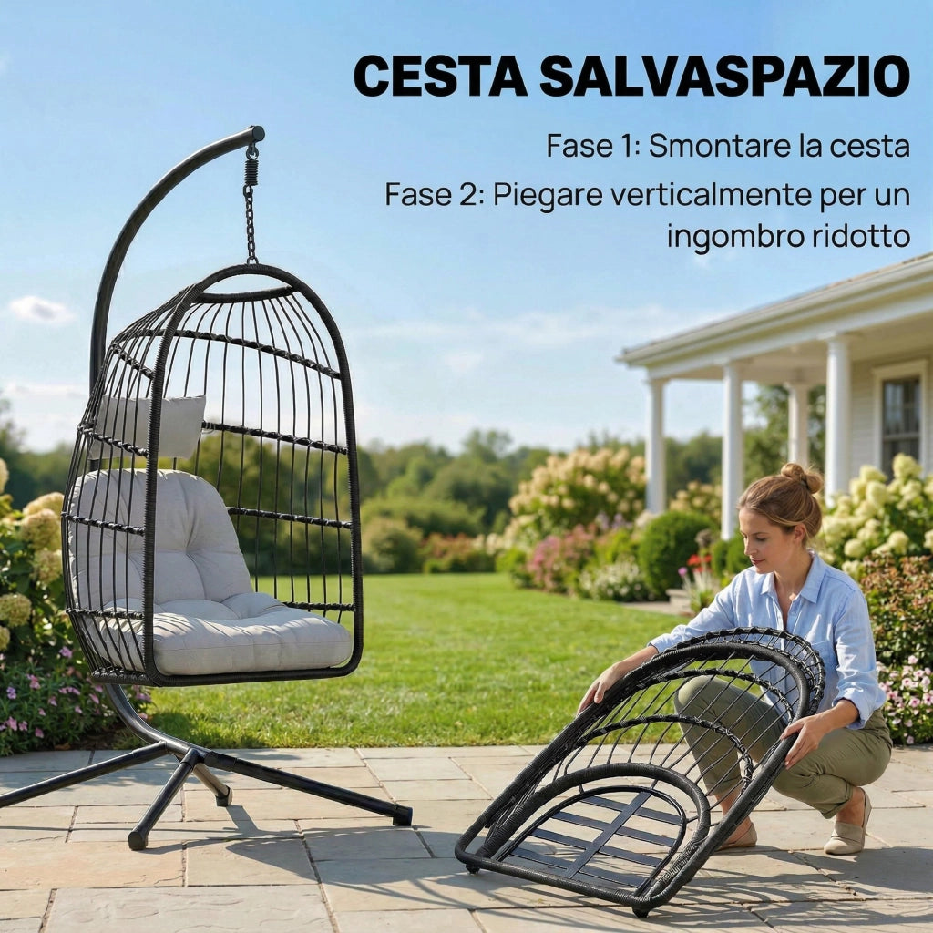 Sedia a Uovo Sospesa. Altalena Esterno con Supporto e Cinghia Sicurezza. Nero/Grigio Chiaro