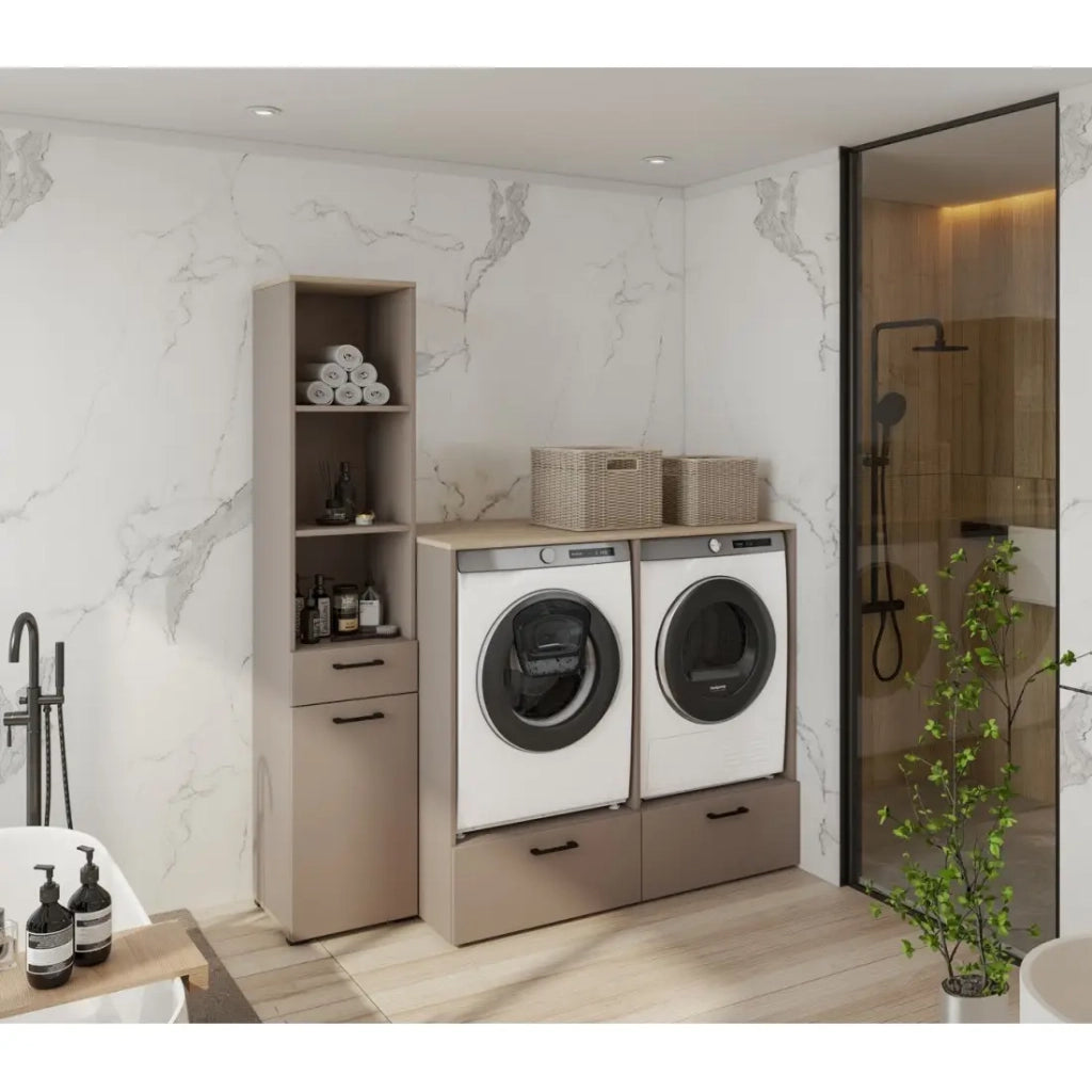 Set di mobili contenitori per lavatrice e asciugatrice collezione WASHING - Taupe e quercia