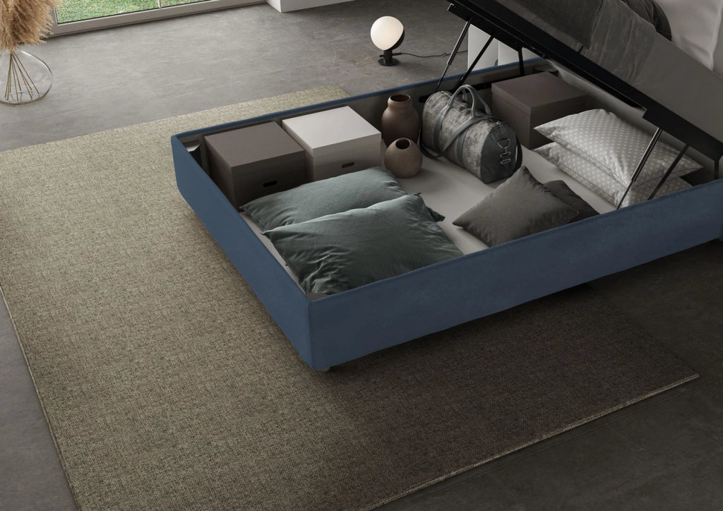 BS COM Letto matrimoniale francese contenitore imbottito 140x210 microfibra blu